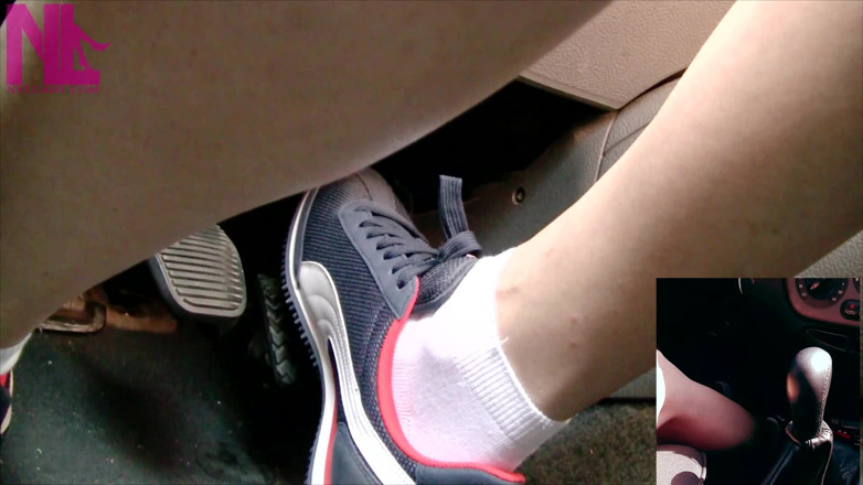 Nyllady: Driving and Pedal Pumping in Blue Nike Sneakers and White...
