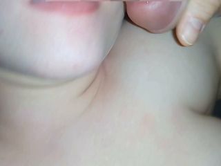 Semen bucket: Cum on Her Smiling Mouth with Her Helping Tongue