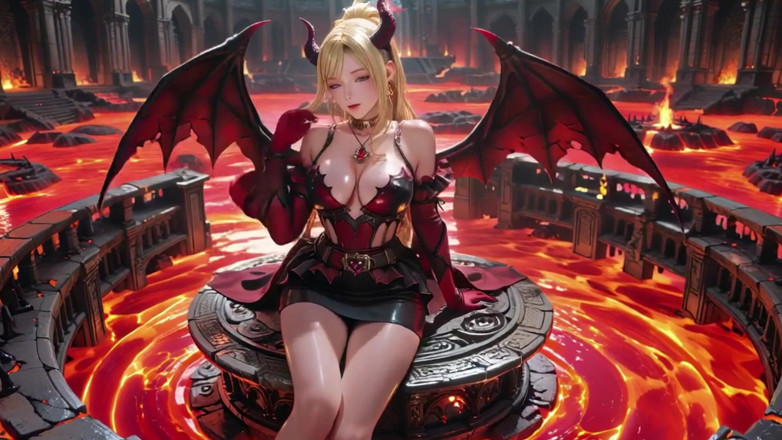 Seraphina Vale: Lava troon! Blonde demonkoningin knielt en spreidt haar vleugels, lui...