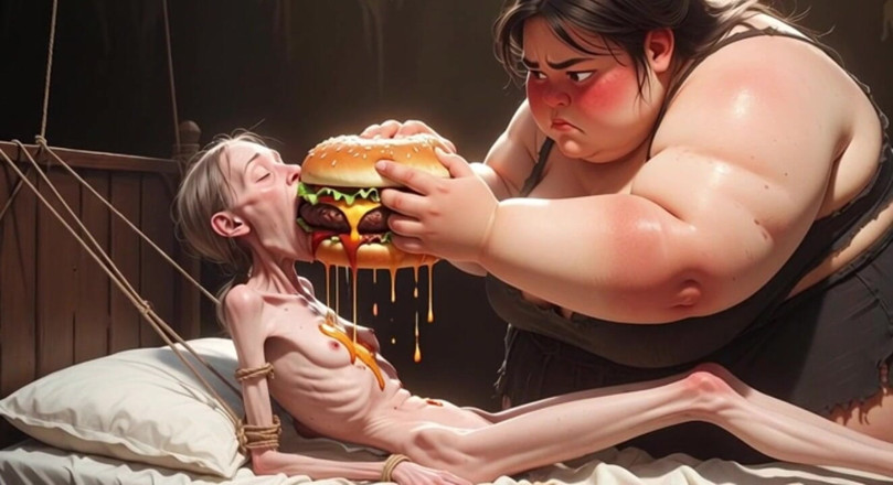 YOUR BEST FANTASY: Extremely Skinny Girl Fed by Massive SSBBW - Extreme Feederism Contrast