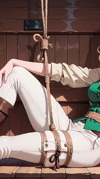 Blonde Pirate Captain! Green Uniform & Rough Ropes on a Sunny Deck. Languid Poses, Long Legs Exposed, and That Teasing Gaze