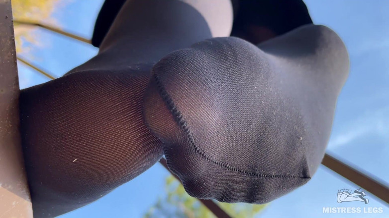 Mistress Legs: Black Pantyhose Feet Rubbing - Outdoor Nylon Soles Tease After the...