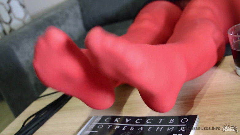 Mistress Legs: Lick my red nylon soles, slave