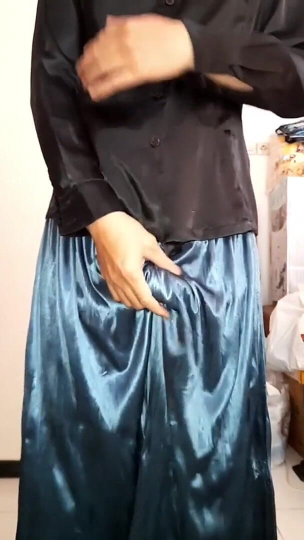 Crossdresser Cumming Wearing Satin Silk Blouse and Shiny Skirt (Naomisinka)
