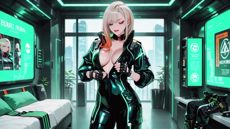Tay Swift X: 霓虹灯雨夜！穿着湿皮衣的金发特工低蹲，全息发光和冷冷的目光。