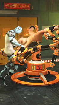 I just want your dick! Robot shemale fucks a sexy cuffed busty brunette in the sci-fi lab