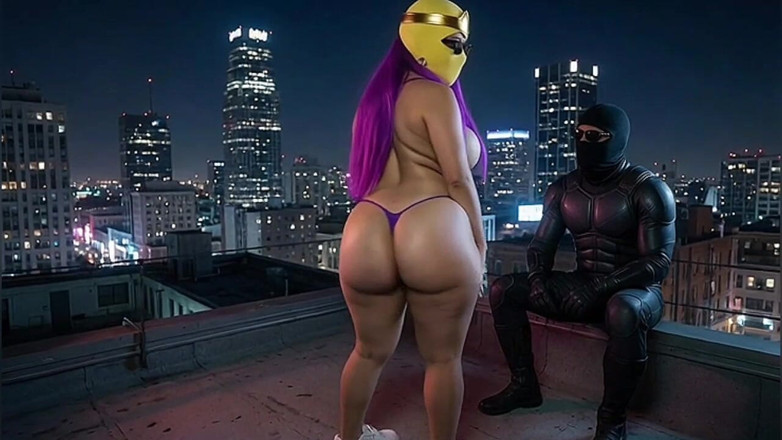 Animate golden: Zierliche lila superheldin mit dickem arsch, Twerking auf dem Dach
