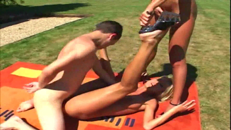 Femdom Sex: Two horny blond twins get fucked outdoor at picknick