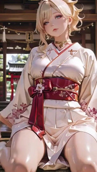 Le secret du sanctuaire d’une fille blonde en kimono ! Agenouillement sous la porte torii dans un kimono beige modifié