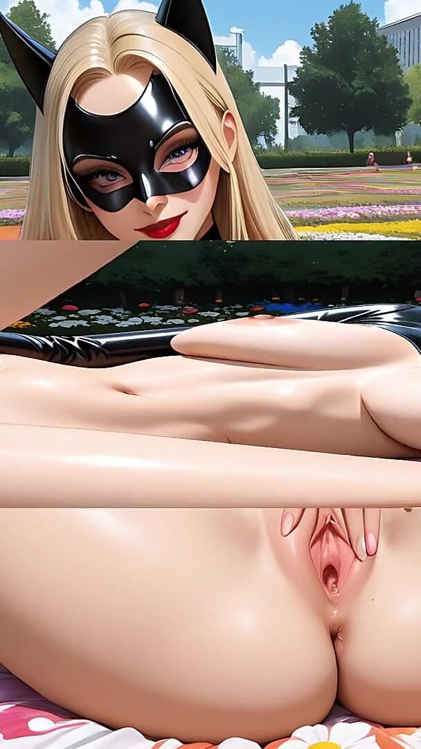 LustRender: Hermosa mujer desnuda acostada en el jardín colorido frotando su...