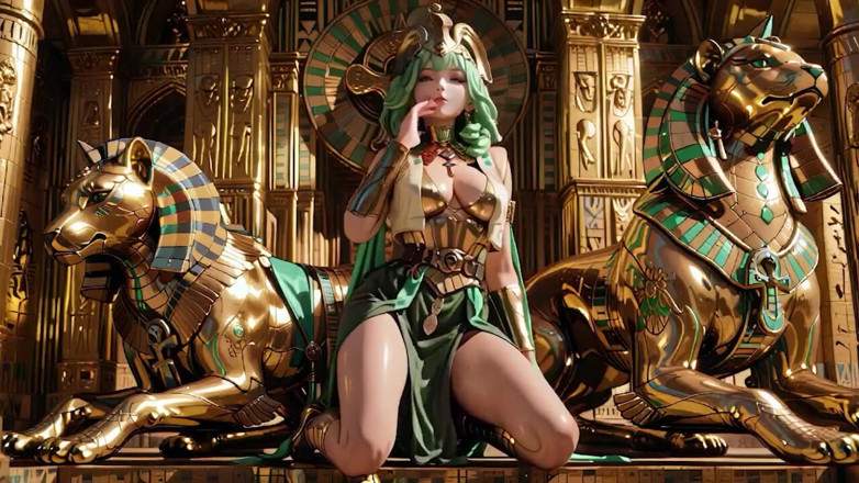 Seraphina Vale: Green-haired Egyptian Queen! Kneeling in the Golden Hall, Guarded by...