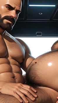 Powerlifter Padrasto e Urso Corpulento em massagem suave com óleo para penetração profunda