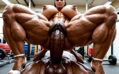 Des filles musclées avec des seins énormes, un gros cul et sucent une bite.