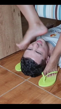 Face Footstool Slave Cleans Dirty Flip Flops and Cums on Flip Flops and Has to Lick It