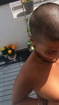 Sucking cock on open terrace and swallow cum