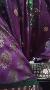 Indian Gay Crossdresser Bottom Gaurisissy Pressing and Playing with Her Big Boobs in Purple Saree with Heavy Jwellery