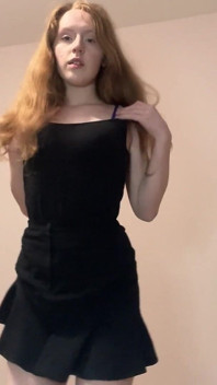 Striptease of Redhead, Skinny, Petite Me with Black Skirt