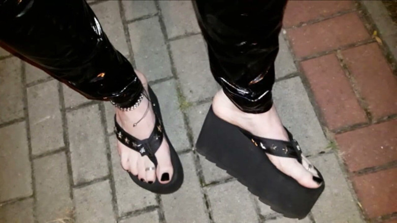 Heelex: Crossdresser on a Street in Latex Leggings and Sexy Platform...