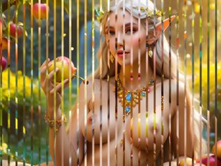 AI Girls: Chica elfo desnuda de grandes pechos con manzana de cera
