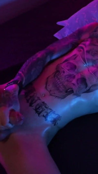 Hot Tattooed Twink Jerking His Big Uncut Cock with Oil and Shooting His Cum
