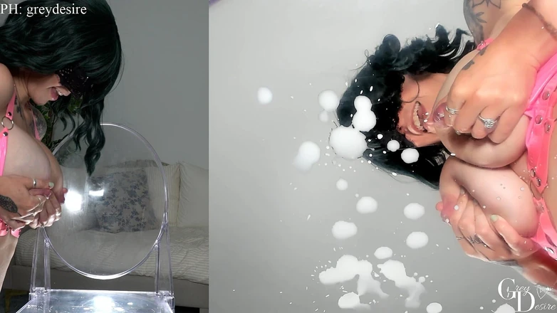 Grey Desire: Dual Angle Big Tit Lactating MILF Makes Milk Mess - Grey...