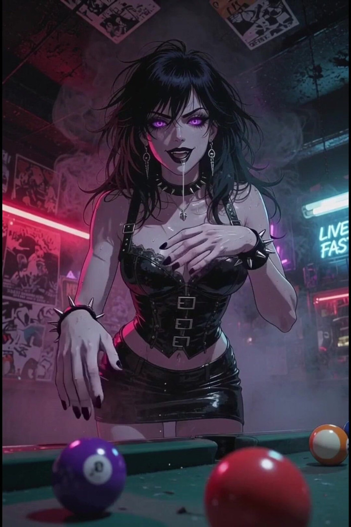 Wertstofsamler: Mujer de anime oscuro en bar en billares, cuero rockero