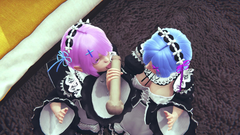 Waifu club 3D: Ram ve Rem birlikte büyük bir yarağı yalıyor