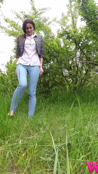 Desperate Girl Full Bladder Trying to Pee in the Forest and Smelling the Flowers