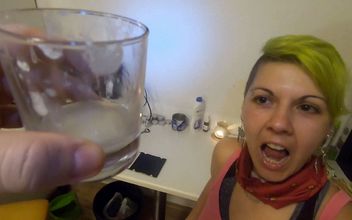 She drinks 11 loads of collected cum from a glass