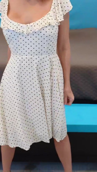 White Dress with Black Polka Dots & Black and Wood High Heels