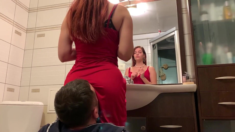 Petite Princesses Femdom: Mistress Sofi in red dress use chair slave - ignore facesitting...