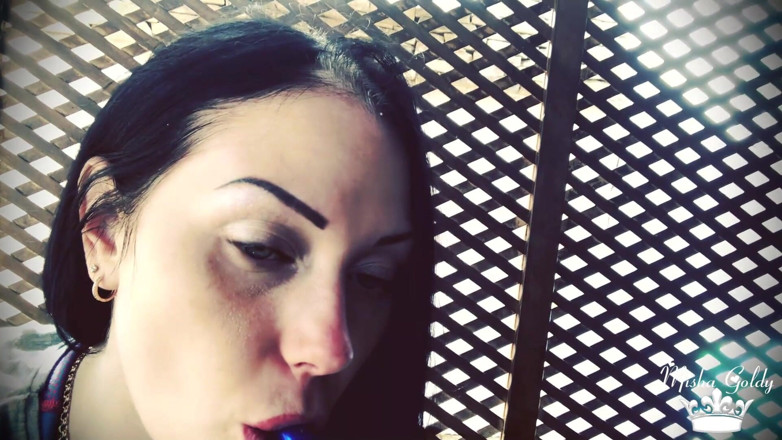 Goddess Misha Goldy: Blowing shisha smoke from itching nose and scratching it all...