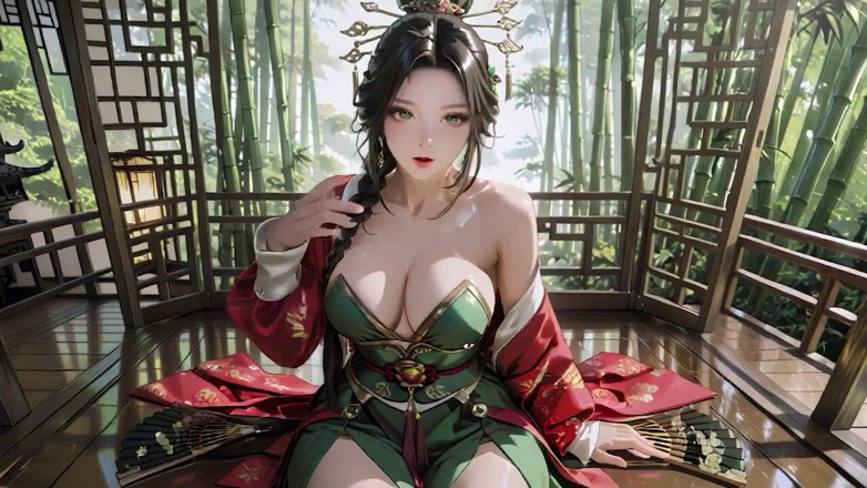 Seraphina Vale: The Red-robed Goddess in a Sun-dappled Secret Garden, Lazily Turning...