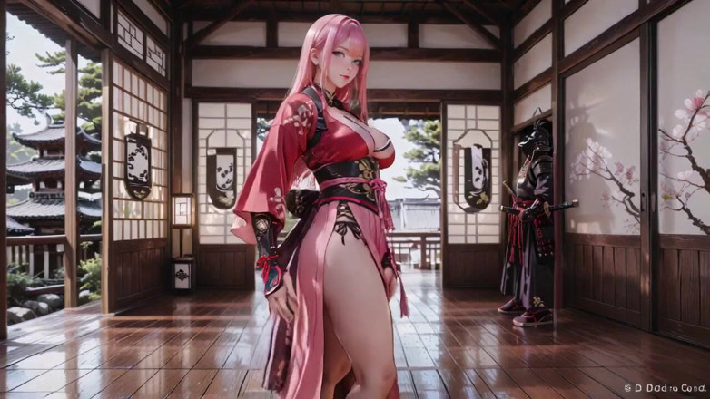Seraphina Vale: Crimson Samurai! นักรบผมสีชมพูคุกเข่าบนเสื่อทาทามิ ชุดกิโมโนมีร่องสูงลื่นเพื่อเผยให้เห็นต้นขาที่เต็มไปด้วยหิมะ