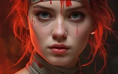 Nu artístico de uma bela jovem envolta em ataduras de guerra pintadas com olhos vermelhos neon | Surreal Ai Slideshow