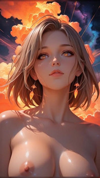 Kosmická neonová bohyně nahá krása Portrét s radiant cyber clouds Ai Art Slideshow