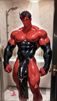Oni Demon, pompage en solo avec un préservatif étiré dans une salle de bain de marbre