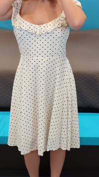White Dress with Black Polka Dots & Black and Wood High Heels