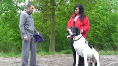 Chubby and horny brunette was walking her pet when she met a stranger to fuck her