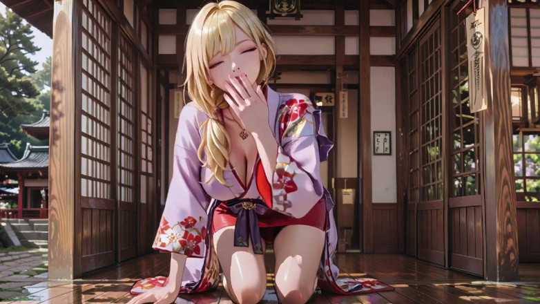 Seraphina Vale: Dewi blonde di Koridor Jepun, gazes malas, tangan di pinggul,...