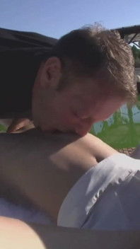 Two busty babes are getting anally plowed outdoors
