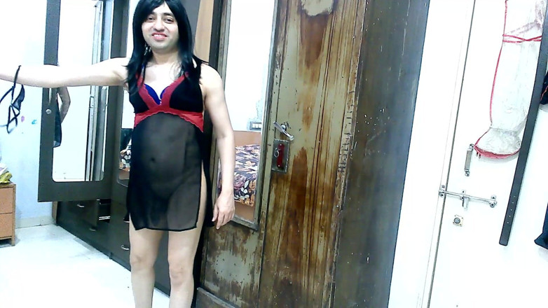 Cute & Nude Crossdresser: Super sexy sissy crossdresser femboy in red and black lingerie.