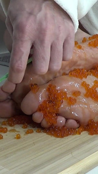 Wrinkled Legs of a MILF with Red Caviar
