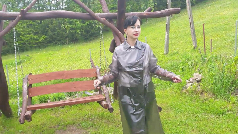 Wanilianna: Raincoat, nylons and bra with open nipples