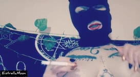 Girl with Mask Touches Her Big Tits While Smoking