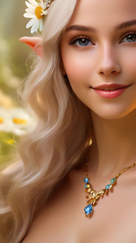 Nude beleza segurando daisy com sunlit gold diamond jewely artístico ai slideshow