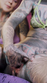 Anal Fuckmachine Destroys Cute Tattoo Girls Asshole - Lesbian Squirt Action