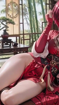 穿着高缝和服的紫色头发战争女仆，跪着戏弄你的眼睛，火辣的目光和湿润的，禁止的耳语。