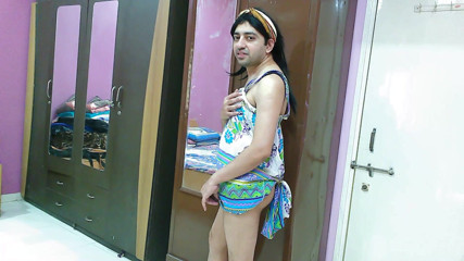 Cute & Nude Crossdresser: Hot sissy crossdresser femboy in beach dress and hairband.