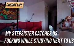 My stepsister catches us fucking while studying next to us